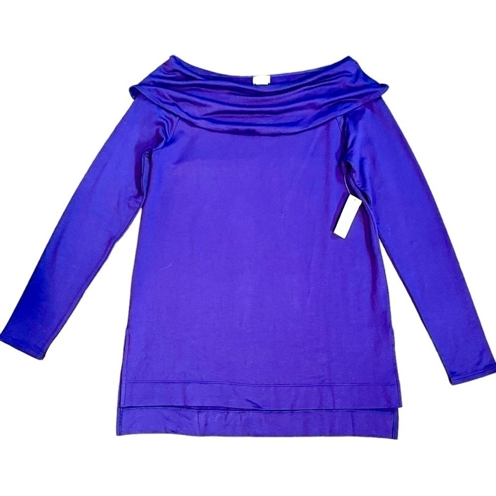 CHICO’S ZENERGY, NWT, PURPLE COWL NECK, LONG SLEEVE TUNIC TOP. SIZE 0.